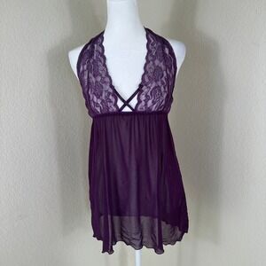 Purple Lace Halter Babydoll Chemise Lingerie Sheer XL Y2K Whimsical Coquette